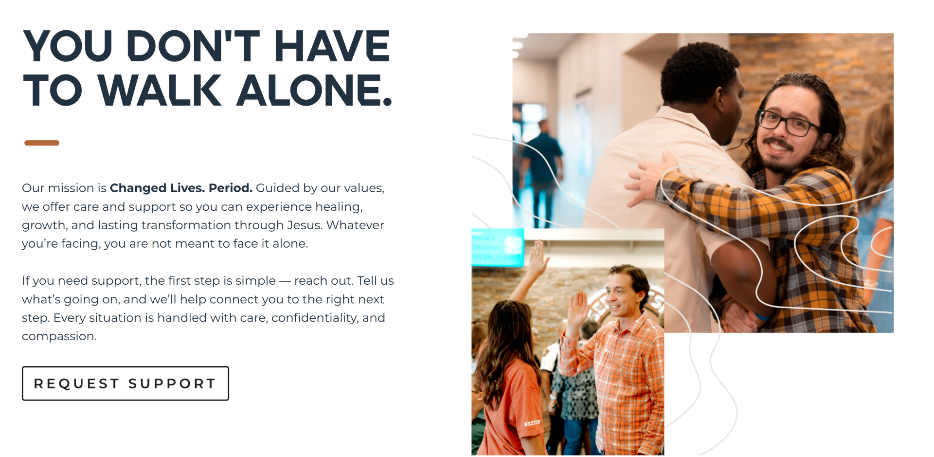 Support page reference showing care-centered copy with relational church photography