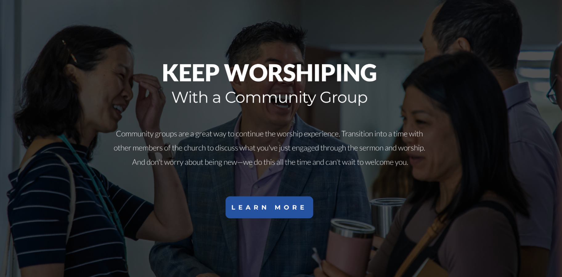 Community groups reference hero with large heading over candid church conversation