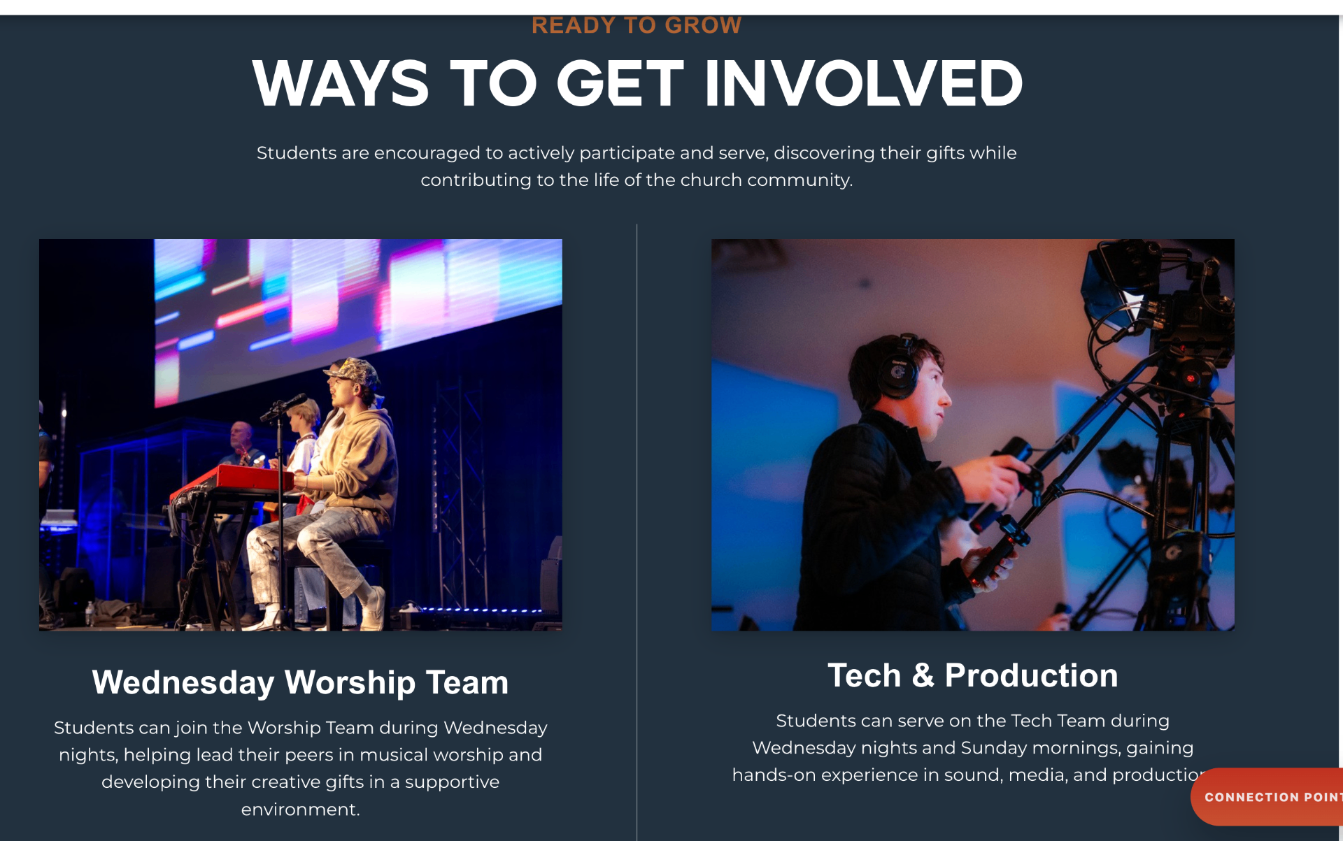 Reference section titled Ways to Get Involved with worship team and production team photos