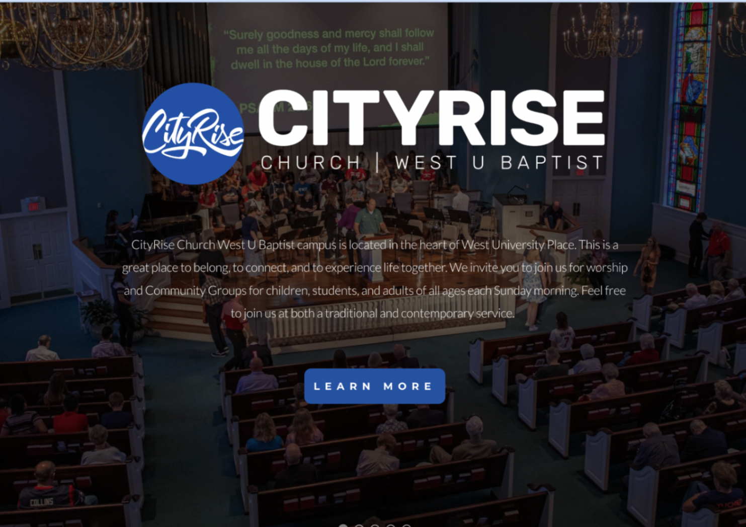 Homepage hero screenshot using a church sanctuary photo behind brand messaging