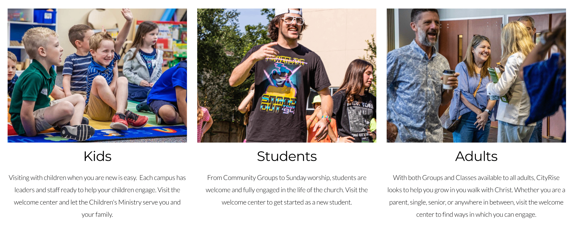 Reference layout showing kids, students, and adults as three visual ministry paths