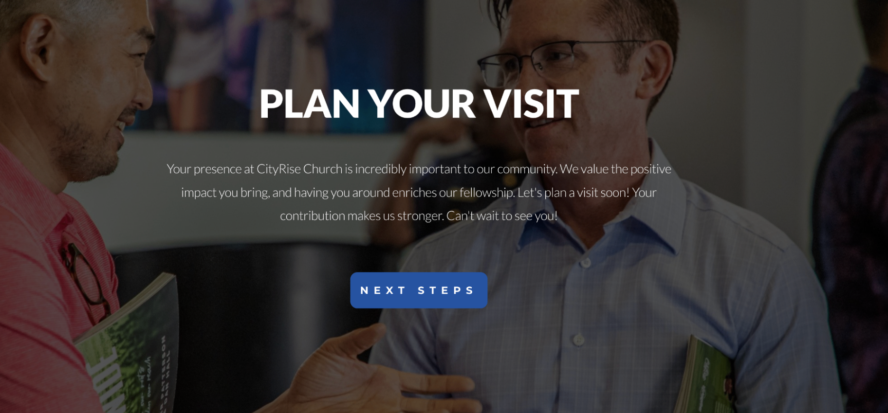 Plan your visit hero screenshot over a conversational church photo