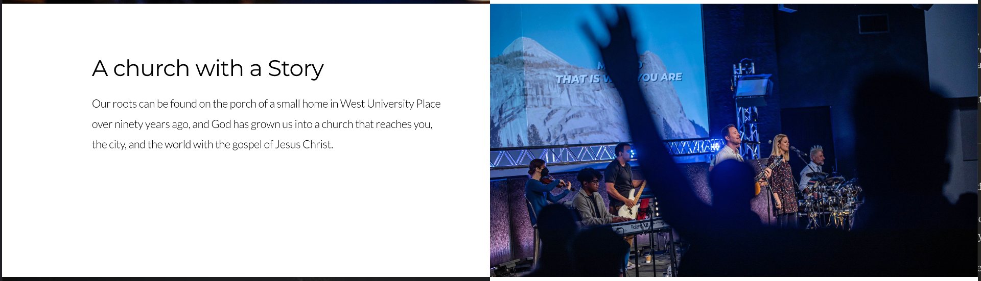 Split-layout website section pairing story copy with worship photography