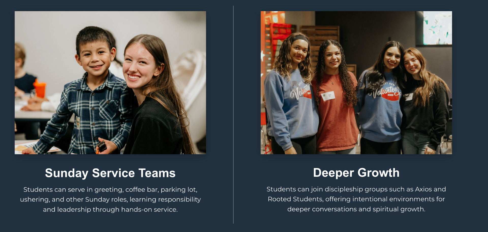 Reference section highlighting student service teams and discipleship growth paths
