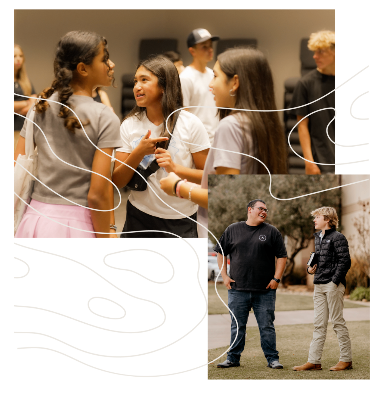 Reference collage showing students in conversation and a mentor talking outdoors