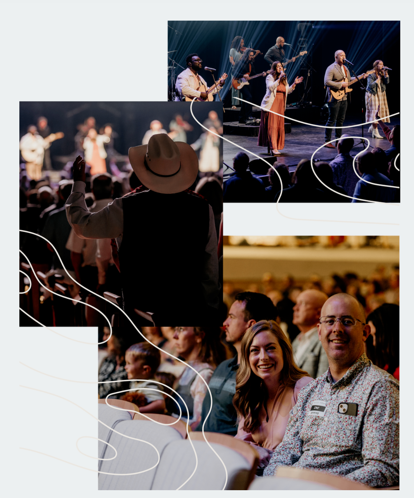 Reference collage of worship stage, congregation, and smiling attendees