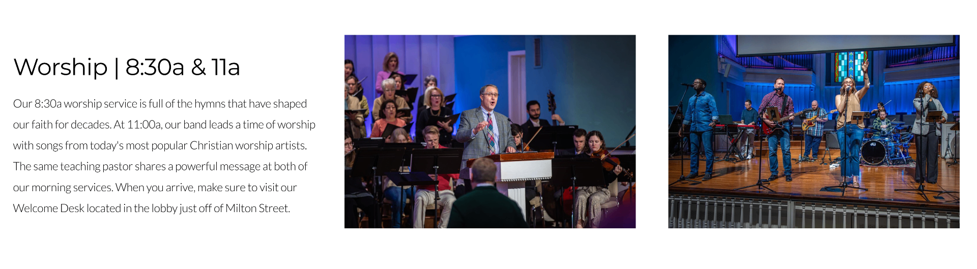 Worship times section with two service photography examples