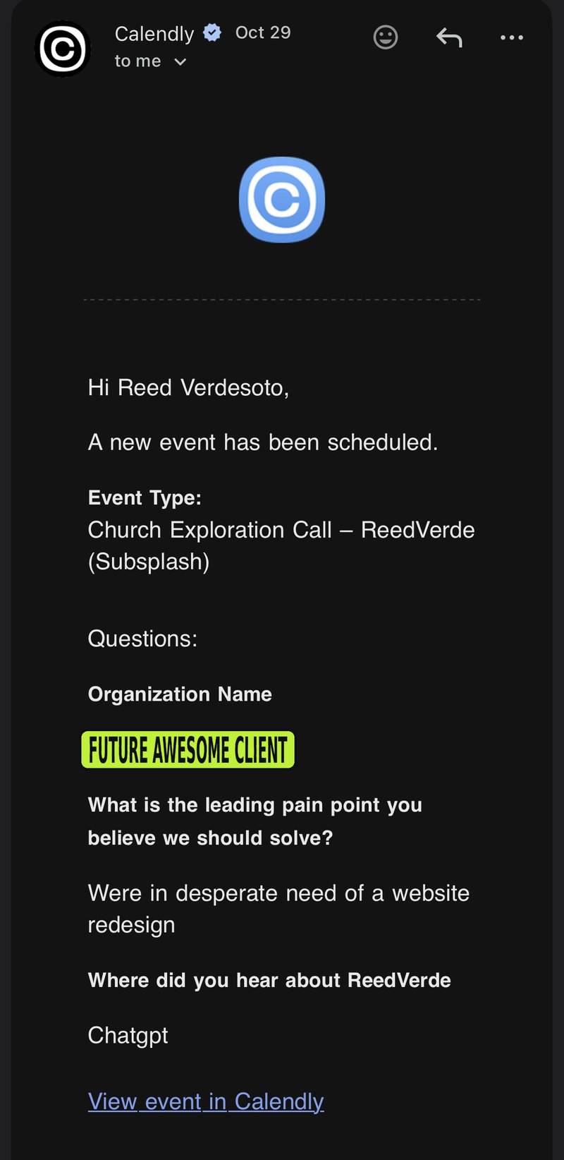 Anonymized screenshot of a booking form: asked for the leading pain point, the visitor answered that they were in desperate need of a website redesign, and asked where they heard about ReedVerde, they answered Chatgpt