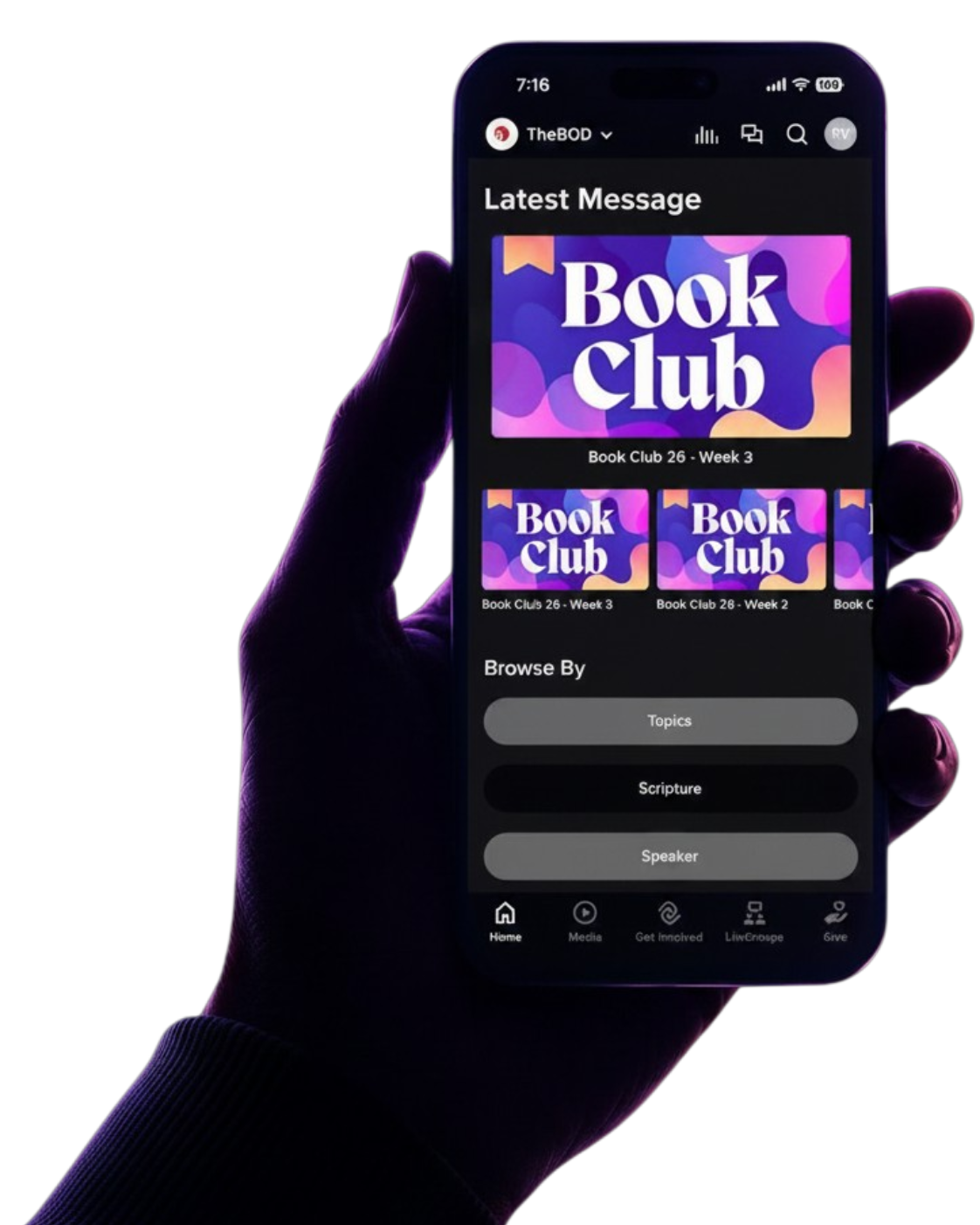 TheBOD Church app shown on a phone held in hand