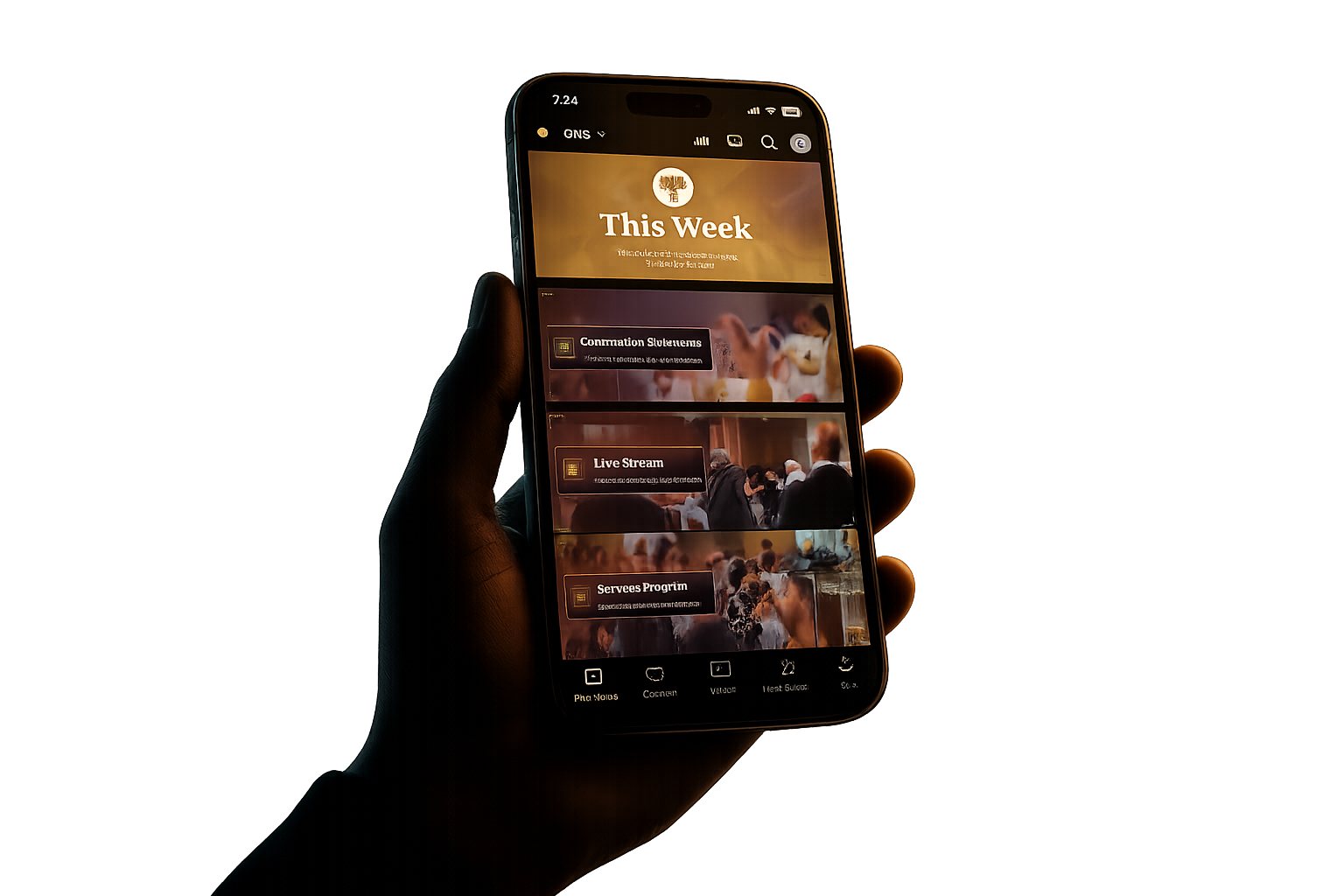 Hand holding a phone showing a church app This Week screen