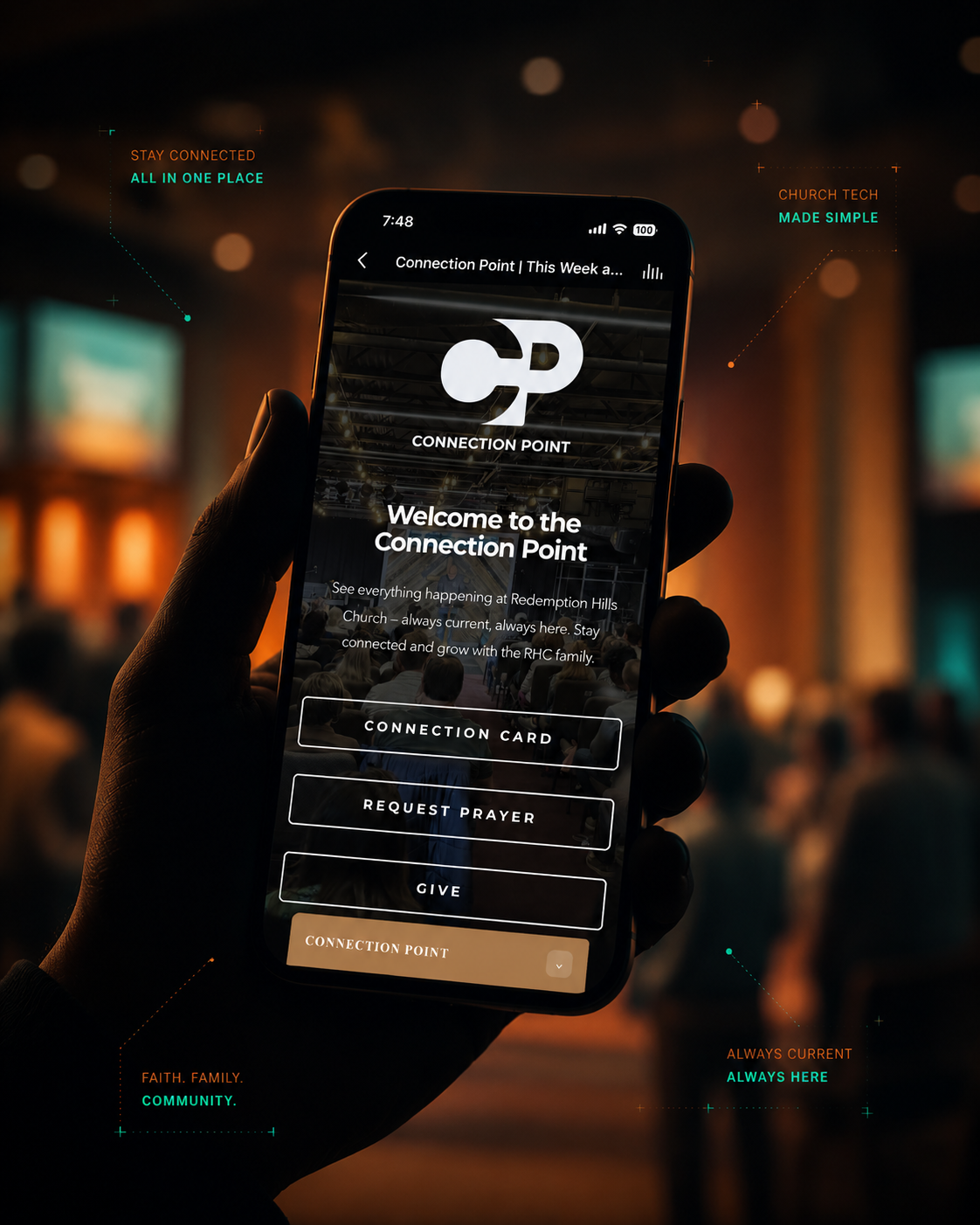 Redemption Hills church app shown on a phone