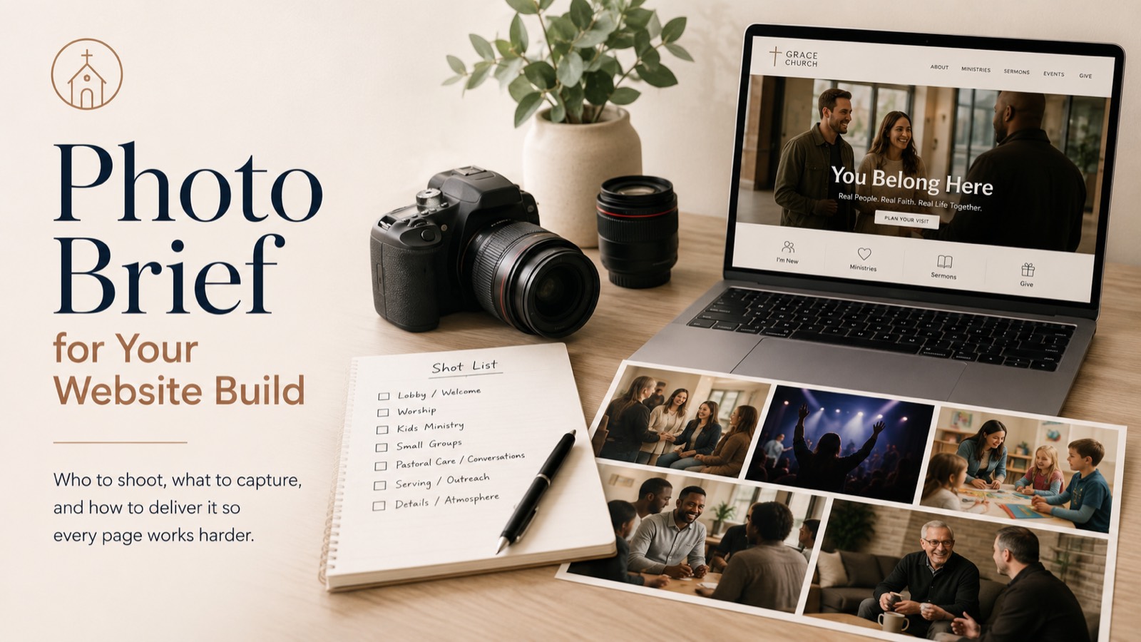 Photo Brief for Your Website Build cover with camera, shot list, and church website
