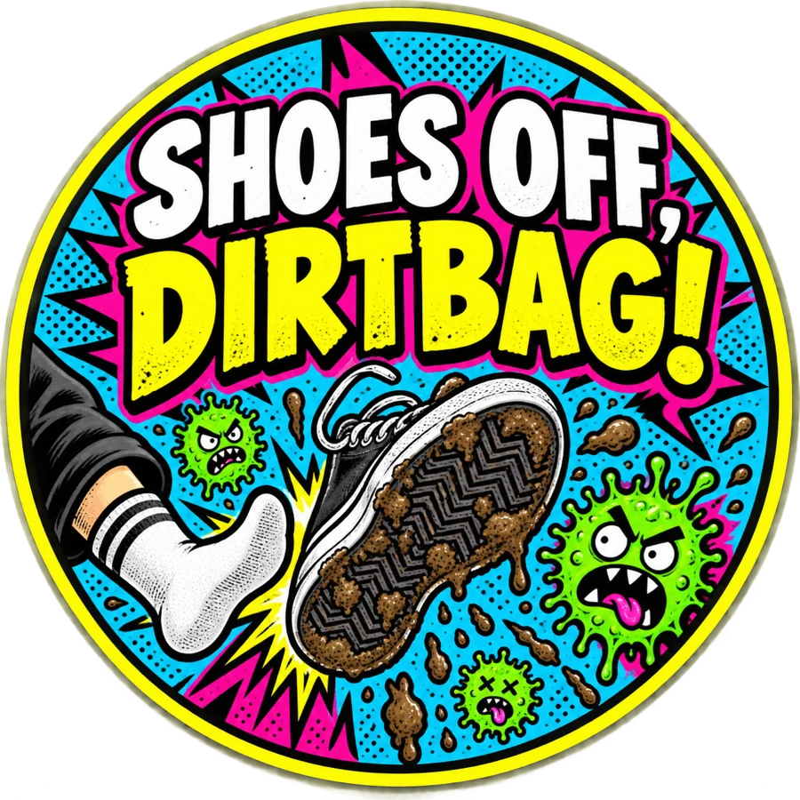Shoes Off, Dirtbag comic badge with a dirty sneaker and cartoon germs